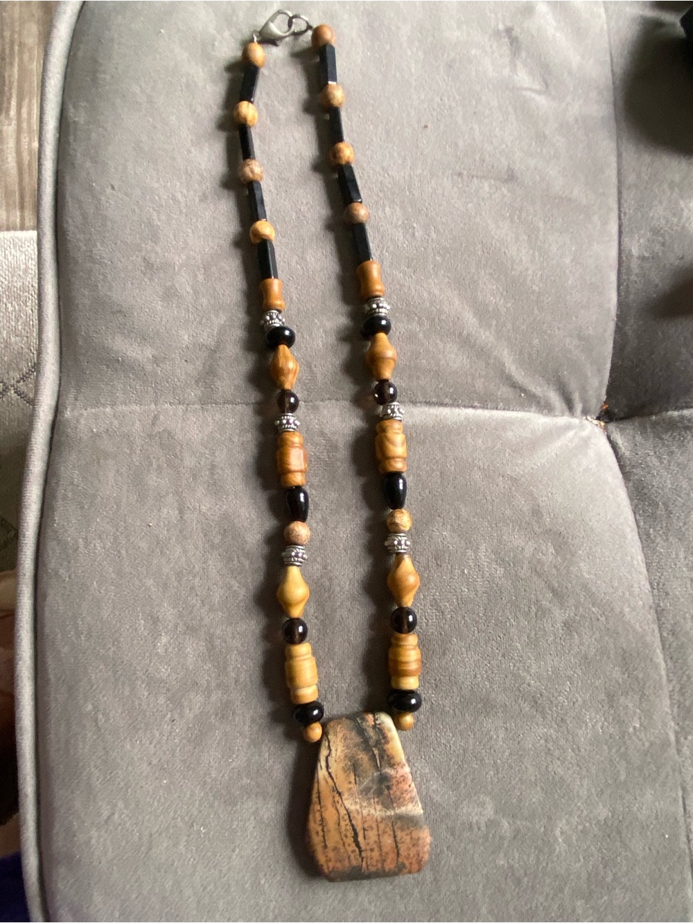 Onyx and Japser Beaded Necklace with Natural Stone Pendant
